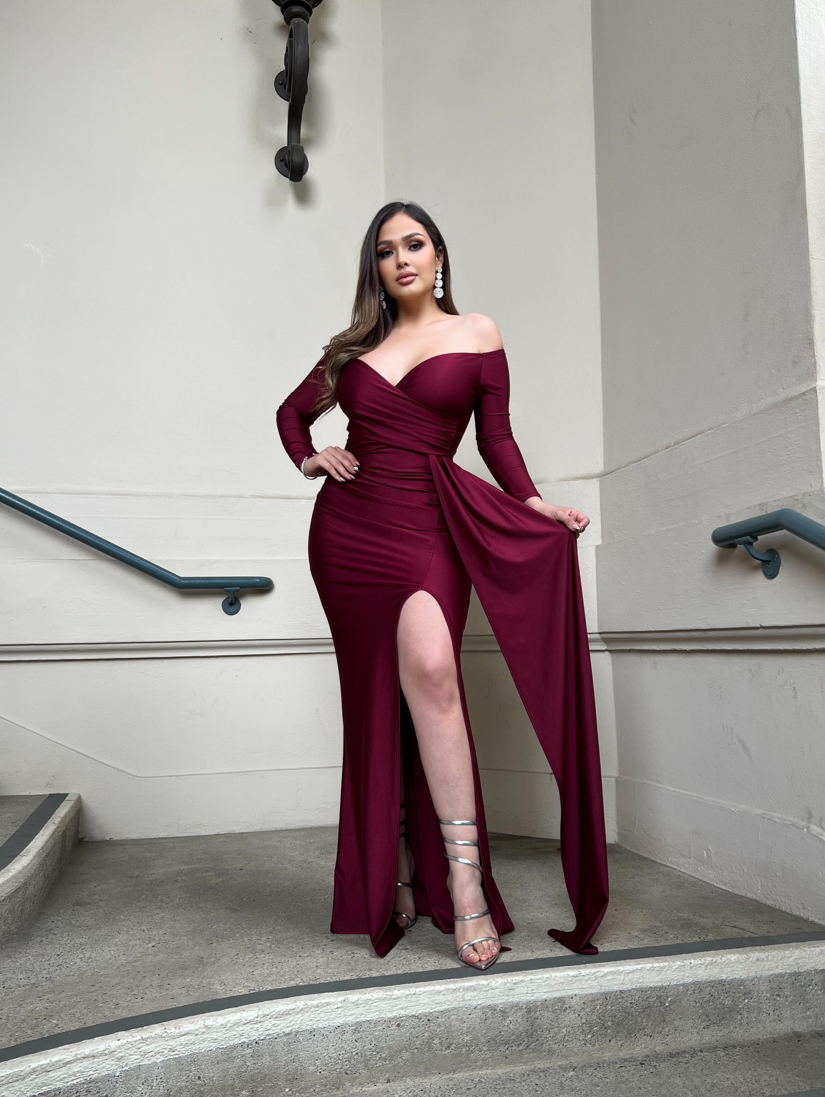 Alexandra Off the Shoulder Ruched Gown w/ Side Gathering