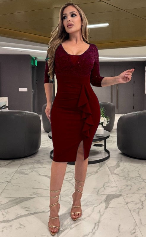 Karla 3/4 Sleeve Lace Sequins Midi Dress