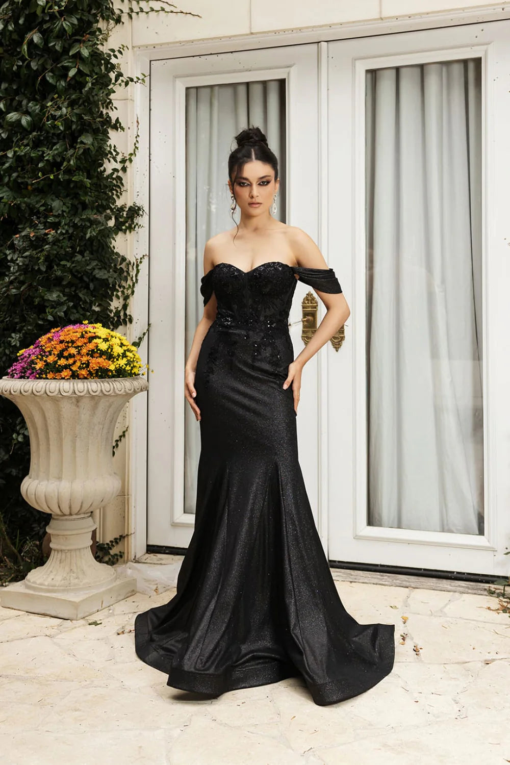 Ava Glitter off the Shoulder Embroidered Sequin Gown